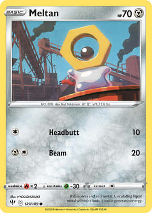 Meltan 一隻紫色六角螺母寶可夢站在工業機械上。 — 寶可夢傳說 阿爾宙斯 壁紙