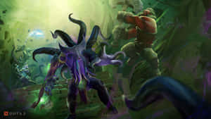 綠色叢林中怪物與戰士的奇幻遊戲戰鬥場景。 — 電玩遊戲 GIF 壁紙