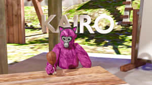 紫色貓狀生物在 'KAIRO' 標誌下的木桌旁手持沙鈴。 — 大猩猩 壁紙