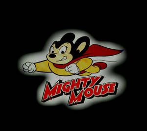 Mighty Mouse 卡通角色在黑暗背景上以紅色斗篷和黃色套裝飛行。 — 漫威標誌 壁紙