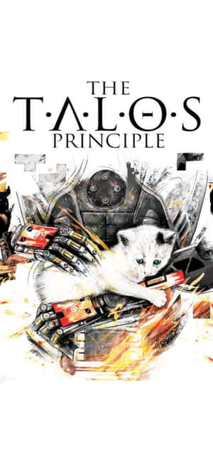 為 The Talos Principle 創作的火焰水彩藝術中，機械臂上的綠眼白色小貓。 — Pixel 7 壁紙