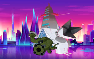 綠色裝甲怪物與白色星形機器人在霓虹城市中戰鬥 — 電玩遊戲 GIF 壁紙