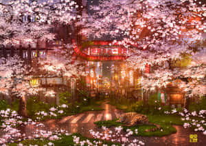 一隻老虎在夜晚發光的霓虹城市街道上，躺在櫻花下。 — 櫻花 壁紙