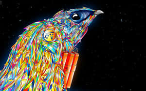 一隻風格化的鳥，在繁星點點的夜空下叼著炸彈。 — 野生動物 壁紙