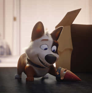 一隻藍眼睛的卡通狗微笑著與倒下的地精在室內玩耍。 — 可愛小狗 壁紙