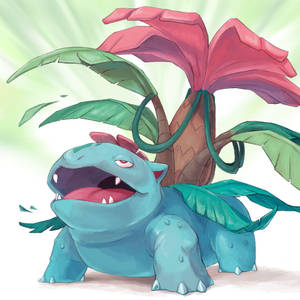 一隻藍色卡通恐龍，背上長著植物，正在咆哮。 — 蓮花 GIF 壁紙