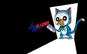 藍色卡通貓，有胡蘿蔔鼻子，在聚光燈下拿著一把標有「SLASHER」的刀。 — 妖精尾巴角色 壁紙