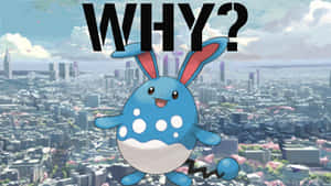 藍色斑點兔寶可夢漂浮在城市上空，有櫻花和「WHY?」文字。 — 城市風景 壁紙
