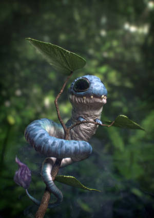 一隻藍色有鱗片、大眼睛的生物纏繞在森林樹枝上。 — 兔巴哥 壁紙