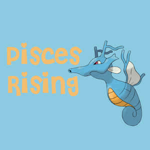 藍色海馬，橙色腹部，白色鰭，向右游，帶有黃色 'Pisces Rising' 文字。 — 水龍 壁紙