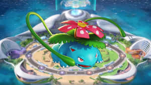 Bulbasaur 在一個有發光建築物和星空的未來城市上方漂浮。 — 動漫 壁紙
