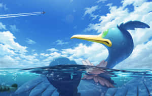 藍色鳥寶可夢在海中游泳，飛機在上空飛過。 — 卡通 壁紙