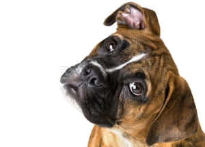 虎斑色拳師犬抬頭仰望，一隻耳朵垂落在白色背景前。 — 狗狗藝術 壁紙