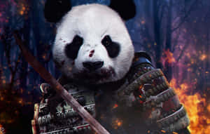 熊貓戰士身穿武士盔甲，在燃燒的森林中手持劍。 — 火焰動畫 壁紙