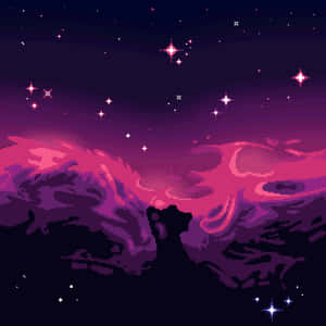 貓的剪影仰望紫色和粉紅色的星空。 — 像素藝術 壁紙