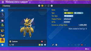 一隻金色的 Scizor 寶可夢在遊戲狀態畫面中，顯示其等級和類型。 — 電玩遊戲 GIF 壁紙