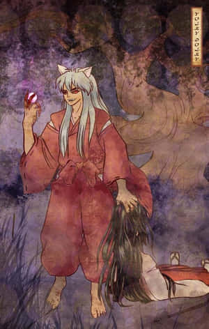 紅色和服狐妖在黑暗森林中手持發光球體站在倒下身影之上。 — Nubia Flip2 壁紙
