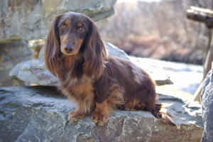 一隻棕色和黃褐色的長毛臘腸犬坐在岩石上，沐浴在自然陽光下。 — 可愛小狗 壁紙