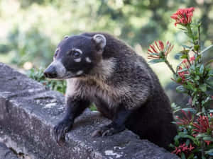 長鼻浣熊坐在花園中紅花附近的石牆上 — 野生動物 壁紙