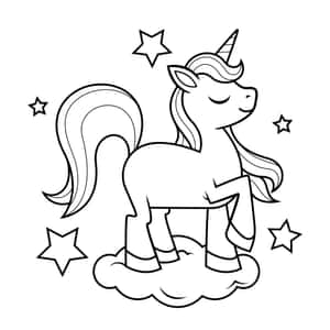 一隻閉著眼睛微笑的獨角獸站在雲朵上，周圍有星星。 — 星星 壁紙