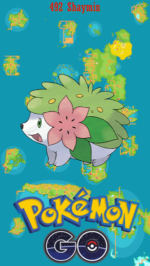 Shaymin 漂浮在 Pokémon GO 地圖碎片上方，背景為青綠色。 — 曉組織手機 壁紙