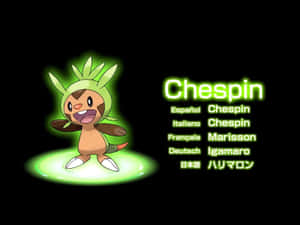 Chespin寶可夢角色，帶有發光綠色光環和多語言名稱文字。 — 寶可夢 壁紙