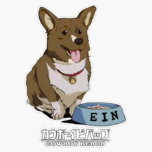 動漫柯基伸出舌頭，旁邊是來自《星際牛仔》的標有EIN的藍色食物碗。 — 動漫狗 壁紙