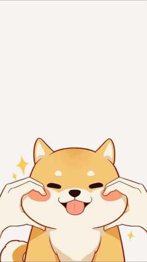 可愛的動漫柴犬微笑，伸出舌頭，爪子放在臉頰上。 — 可愛的動漫角色 壁紙