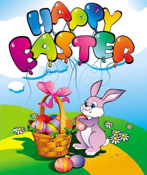 復活節兔子在彩虹字母氣球下，在陽光明媚的山丘上，帶著一籃彩色蛋。 — Motorola Razr Ultra 2025 壁紙