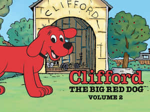 大紅狗Clifford站在陽光普照的院子裡的狗屋前。 — 大紅狗克利福德 壁紙