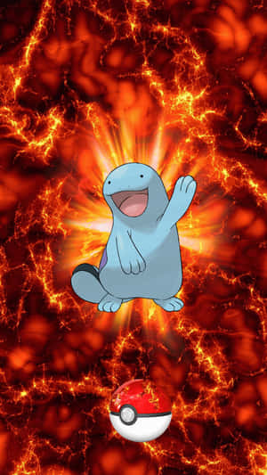 藍色Pokemon角色在火熱熔岩中揮手，下面有精靈球 — 高清 壁紙