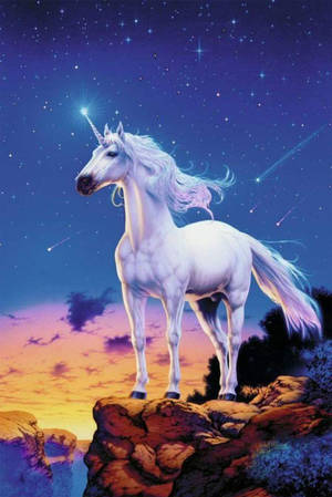 黃昏時分，獨角獸站在懸崖上，伴隨星星和流星 — 獨角獸 壁紙