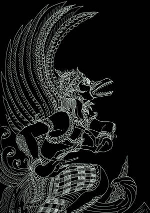 風格化的白色線條繪畫，描繪神話中的迦樓羅，帶有複雜的翅膀和兇猛的表情，背景為黑色。 — 迦樓羅 壁紙
