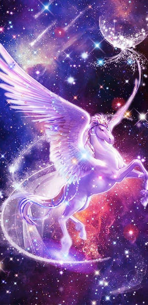 一隻發光的飛馬獨角獸在星空宇宙中奔跑。 — 紫色銀河 壁紙