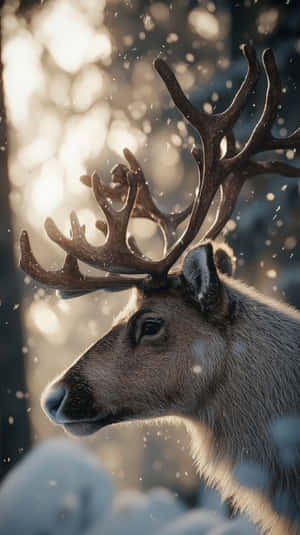 一隻長著巨大鹿角的馴鹿站在白雪皚皚的森林中，陽光穿過樹木，雪花在它周圍飄舞。 — 寒冷 壁紙