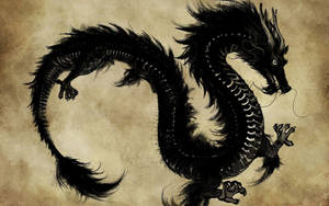 羊皮紙背景上帶有發光眼睛的黑色墨水龍 — 高解析度龍 壁紙