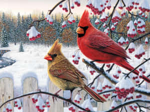 冬日森林場景中，兩隻紅衣鳳頭鳥在積雪的漿果枝上。 — 雪景 GIF 壁紙