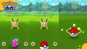 Pokémon GO 遊戲畫面顯示雷伊布正被發光的精靈球捕捉。