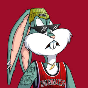 卡通兔子戴著太陽眼鏡和印有 'BUNNIES' 字樣的紅色球衣。 — 兔巴哥 壁紙
