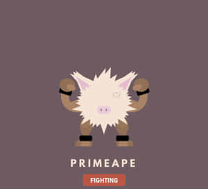 一隻卡通靈長類動物展示肌肉，下方文字寫著「PRIMEAPE」和「FIGHTING」。 — 簡約 壁紙