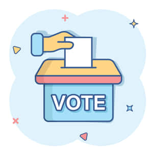 手將選票放入標有 VOTE 的藍色投票箱，帶有彩色裝飾元素。 — iPad Pro M4 壁紙