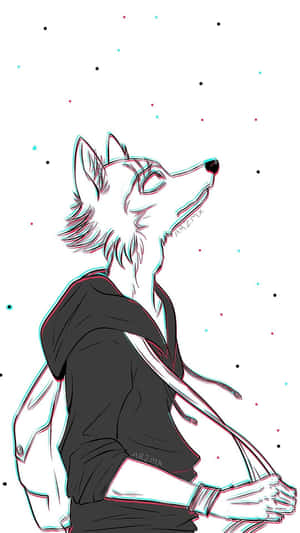 穿連帽衫的擬人化狼仰望星星，帶有故障效果 — 乾淨 壁紙