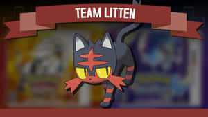 一隻名叫Litten的卡通貓咪寶可夢在紅色Team Litten橫幅下跳躍。 — 第七班 壁紙