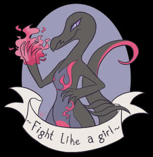 一隻帶有粉紅色火焰和寫有「Fight Like a girl」橫幅的雌龍。 — 卡通 壁紙
