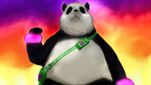 發光拳頭和綠色背帶的熊貓，映襯色彩繽紛的天空 — 熊 GIF 壁紙