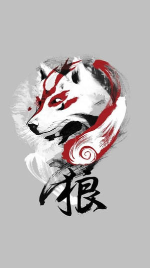 一隻帶有紅色標記和筆觸風格漢字的白狐。 — 美學動漫手機 壁紙