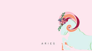 粉彩插圖公羊，頭戴花冠，在粉紅色背景上標有Aries。