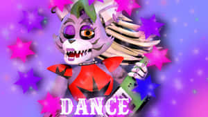 一隻紫色狐狸機械人與星星和dance這個詞一起跳舞。 — 佛萊迪的五夜驚魂 安全漏洞 壁紙
