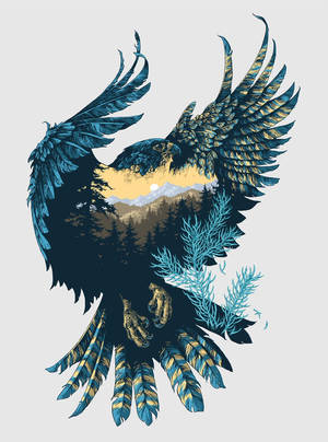 體內有山林的老鷹，藍色和金色羽毛，藝術插圖。 — 自然 iPhone 壁紙