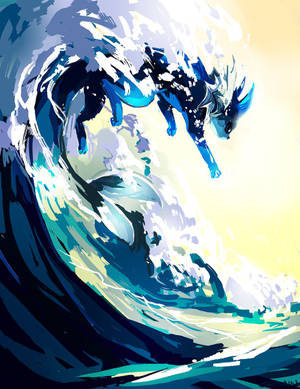 一隻藍色狐狸在黃色天空背景下躍過破碎的海浪。 — 海洋桌面 壁紙